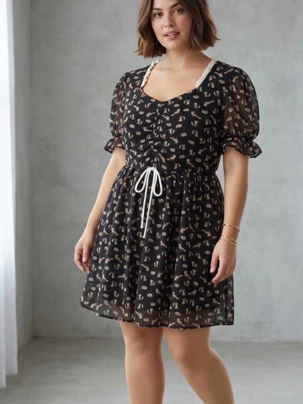 Smak Parlour for ModCloth XL Dress Black Chiffon Fabric Novelty Fox Print Vintag